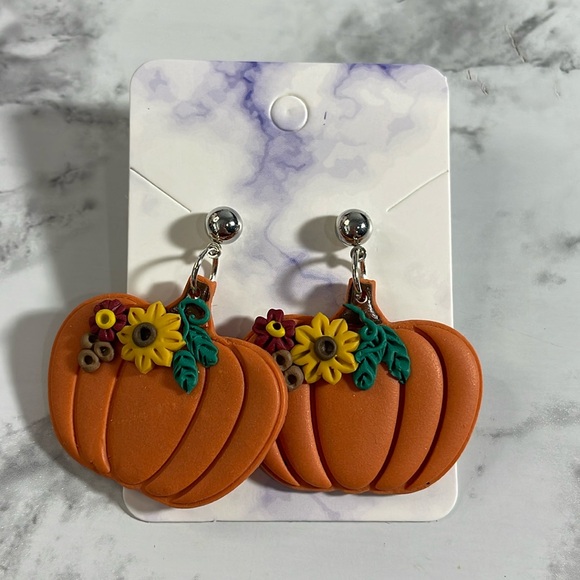 Handmade Pumpkin And Floral Dangle Earrings - Picture 1 of 4